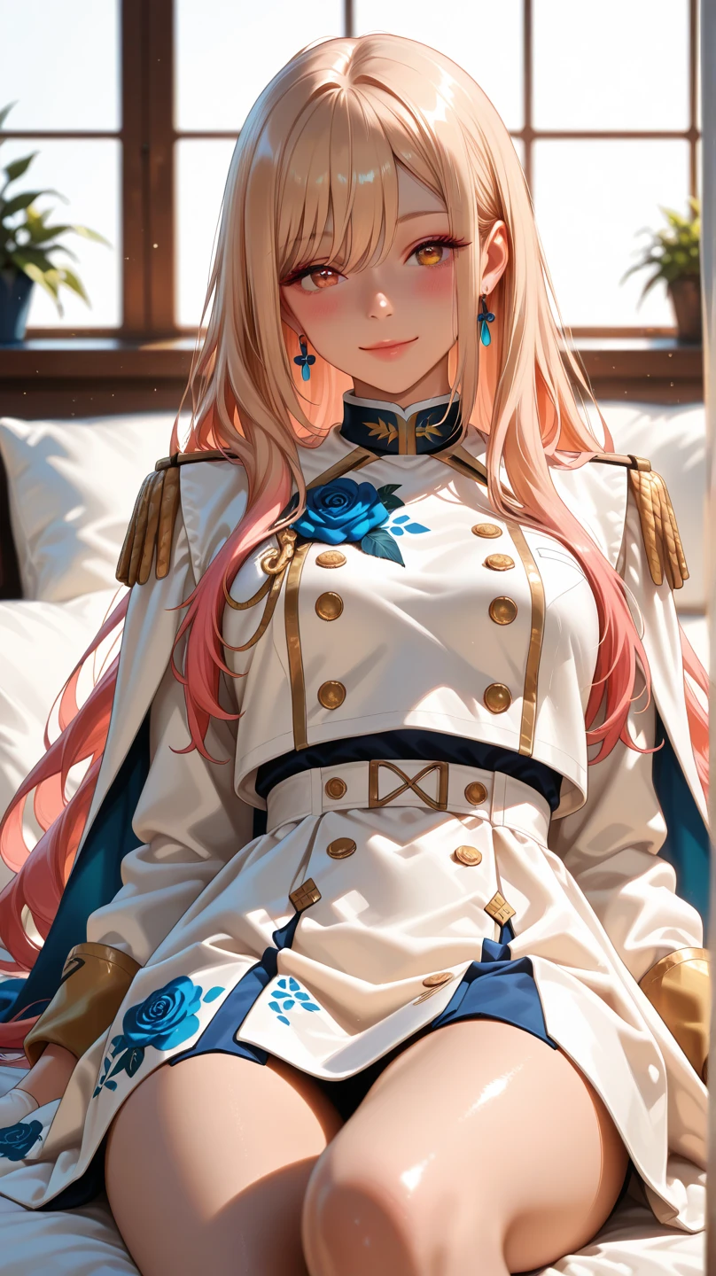A female anime character with blonde hair and blue eyes, dressed in a futuristic military uniform. The uniform is predominantly pink with red and white accents, featuring gold and black details. She is saluting with her right hand,. The character has a confident and strong expression, with a background that is transparent