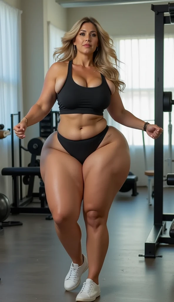 Mulher incrível usando um beige spandex with red numa academia de ginástica, art with bright lighting, 4k artwork, wide-angle, (beige spandex with red), hyper realistic skin texture, drops of sweat by the body