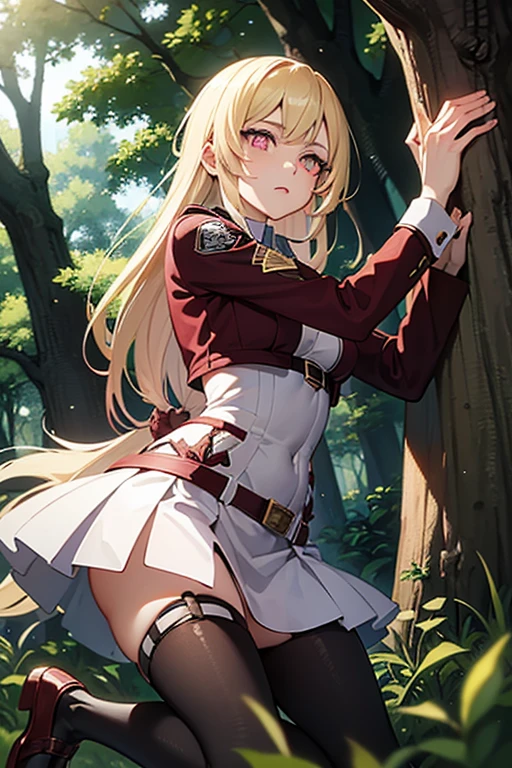 1girl, (Cagliostro:1.3), long hair, blonde, (CagliostroBase:1.2), hairband, crown, black thighhighs, red bow, red skirt, cape, (small breasts:1.3), cute smile, blush, cheerful expression, (flirting:1.2), (black panties, skirt lift, pussy juice:1.2), sparkle, outdoors, forest, lake, Masterpiece, best quality, detailed background, intricate details, detailed, <lora:CagliostroLORA:0.6>