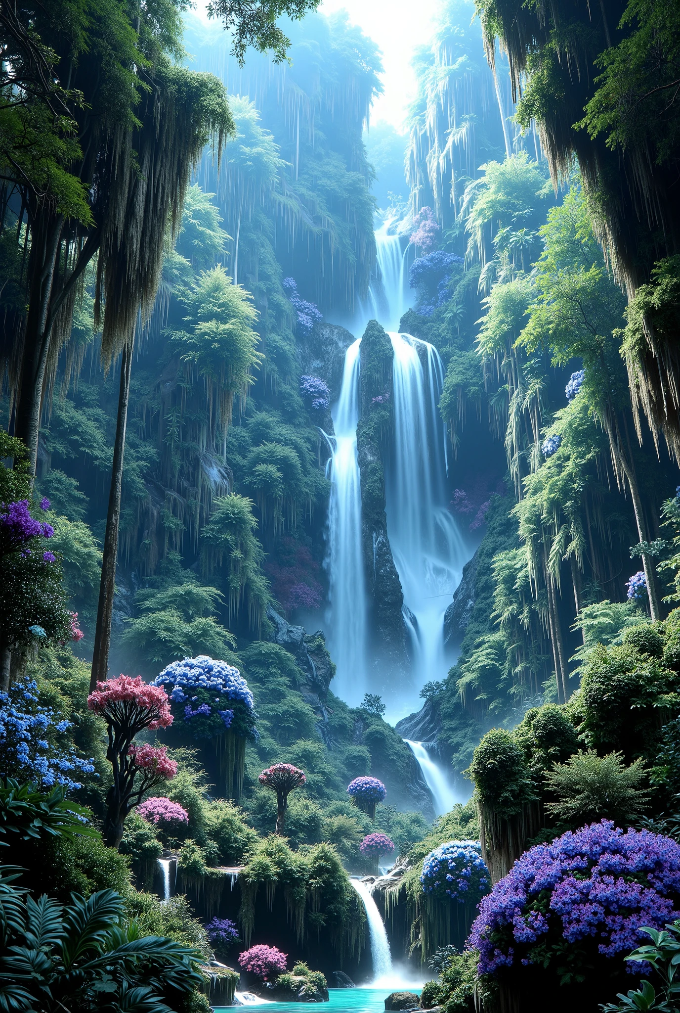 in high-definition images、Chroma V5、Bink Punk 、masterpiece、最High Quality、High Quality、very detailedなリアルな8k壁紙、TeXtured Scenery by Greg Staples、TeXtured Scenery Created by Greg Staples {X} Textured Scenery Created by Greg Staples {x} World's Most Beautiful Jungle Scenery Pictures、(Natural Scenery)、Award Winning Photos、 Color Difference、high definition、Bloom、Photorealistic Happy Feeling、very detailed、Popular on ArtStation、Popular on CGSociety、complicated、high detail、Dramatic、RTX on、Magical Sparkling Flowers々々、(fog)、 Fantasy shot taken with a Leica digital camera、waterfall,Big blue and purple flowers are in full bloom、Mysterious Atmosphere、