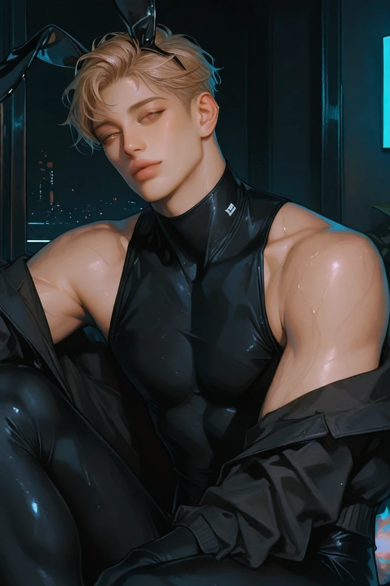 Anime boy in black leotard sitting on floor, Anime boy in white tights sitting on the floor, Anime boy with blonde tied hair sitting on the floor, Strongest Pose, elegant floating pose, wearing leotard, dramatic floating pose, anime pose, Beautiful Boys, Muscular men, relaxed poses, Cool pose, Leotard, Thin shoulder straps, strong pose, doing an elegant pose, pretty face with arms and legs, fully body pose, neutral pose, Poses variadas