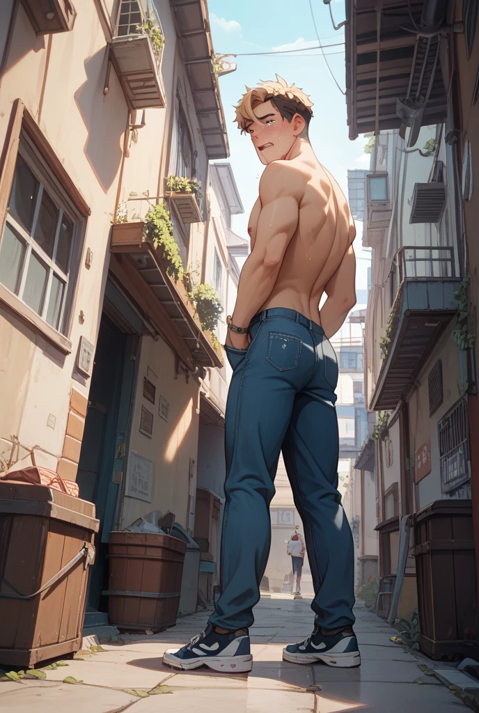 (HD, High Definition, 4k) a naked man standing on his back. (he is on his back) you can see his back without clothes, exposed butt. (Whole body) you can see his legs.