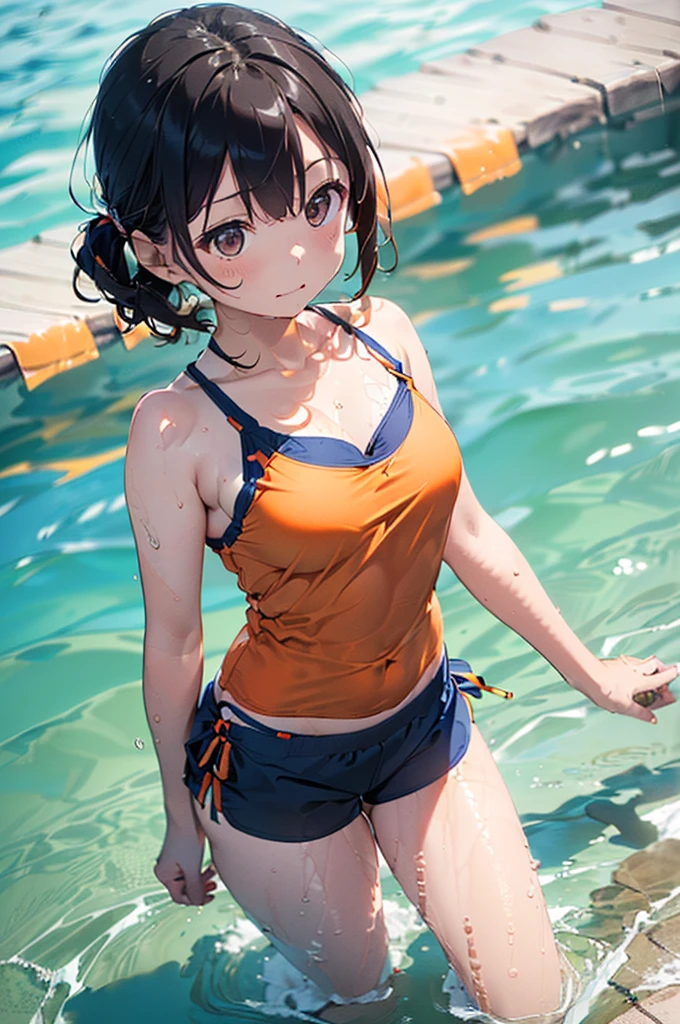 Orange swimsuit((Orange camisole,Navy blue piping),(ぬるぬる液体でSoaking wet)),(Navy blue shorts),(A pool of slippery lotion),(Soaked with slimy liquid),Black Hair,Are standing,One beautiful girl,Big Breasts,Camisoles are available in any color other than navy blue,Shorts must be any color other than orange,Leaning forward,Cute eyes,((Sulky face)),((ぬるぬるローションでSoaking wet(Sexy))),Low Ponytail,Covered in slimy lotion(Sexy,Soaking wet,Shiny),
