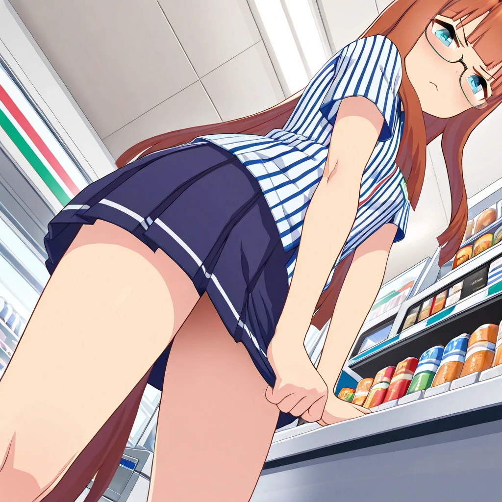 Kousaka honoka, blue eyes,pink bikini, standing in supermarket , from behind,ass, smile, ahoge, exposed ass