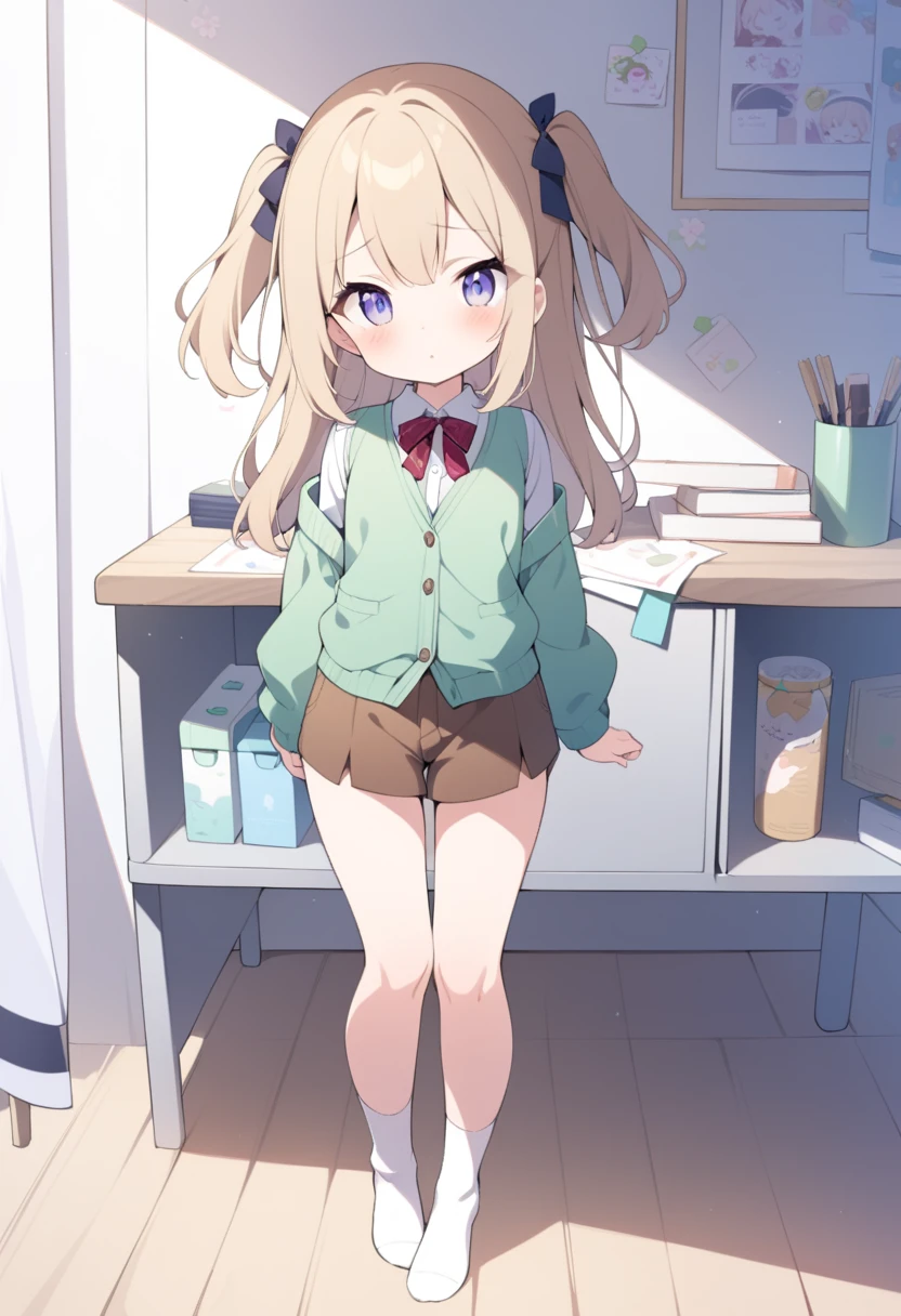 (masterpiece, best quality, extremely detailed, ultra-detailed),
BREAK
(1girl, solo, cute face, kawaii, face, a cute , happy, standing, 16-year-old),
BREAK
(long twintails, light brown hair, straight hair, brown eyes, small breasts),
BREAK
(close the front, beige cardigan:1.2, ribbon:1.5),
BREAK
(black thighhighs:1.3),
BREAK
(bow panties, white panties:1.3)