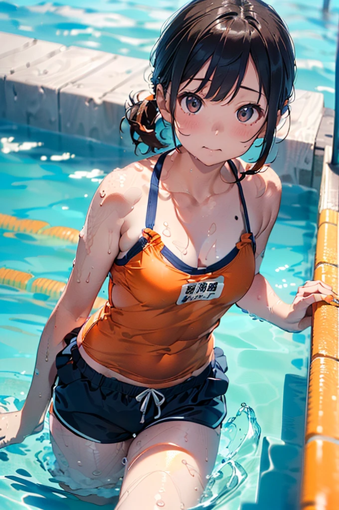 Orange swimsuit((Orange camisole,Navy blue piping),(Soaked with slimy liquid)),(Navy blue shorts),(A pool of slippery lotion),(Soaked with slimy liquid),Black Hair,Are standing,One beautiful girl,Big Breasts,Camisoles are available in any color other than navy blue,Shorts must be any color other than orange,Leaning forward,Cute eyes,Sulky face,Slimy all over the body,Low Ponytail,