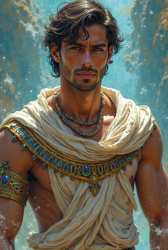 A 25 years young west bengal indian handsome man,the year 1203 AD. White dhoti & scarf traditional dress- bronze fair bright skinned, black curly flowing hair crossing neck, 6 feet 1 inches tall man, atheletic muscular lean build person.hazel green intense eyes with slightly joined eyebrows