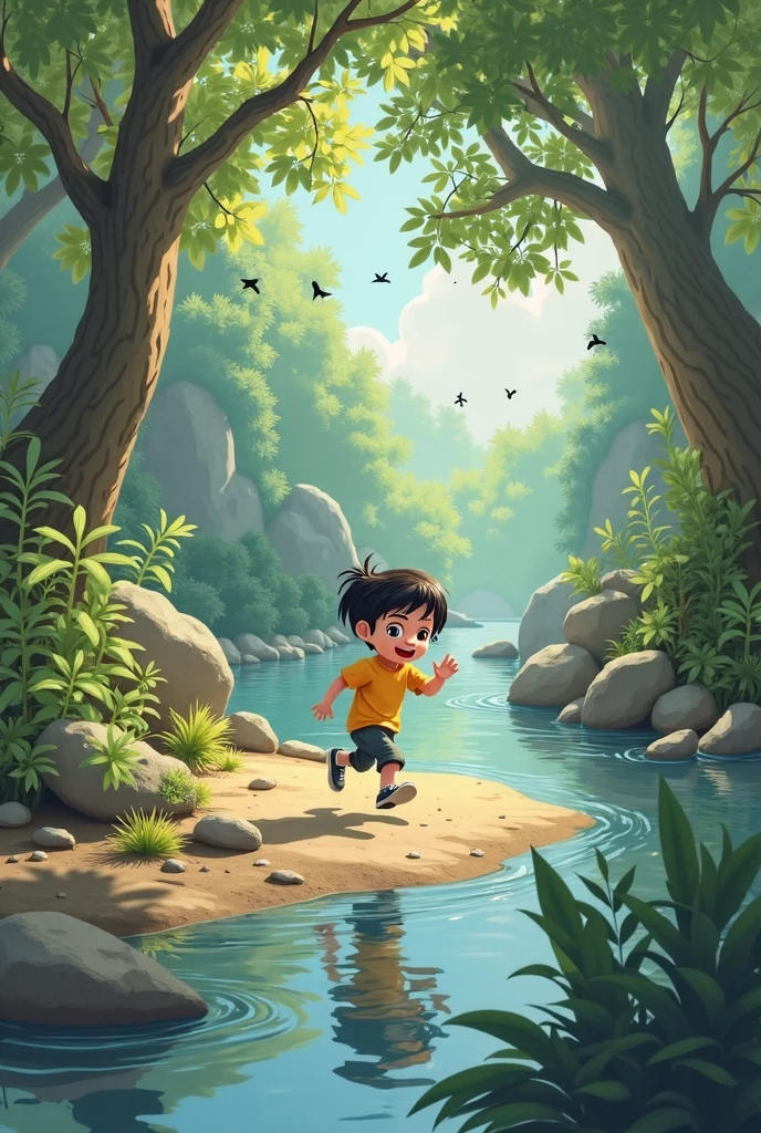 cartoon boy running through a forest with birds and plants, childrens art in artstation, concept art of single boy, animation still, atey ghailan 8 k, inspired by Goro Fujita, animation style render, animation film still, adorable digital painting, mobile game art, 2d illustration, 2 d illustration, official illustration, 2. 5 d illustration