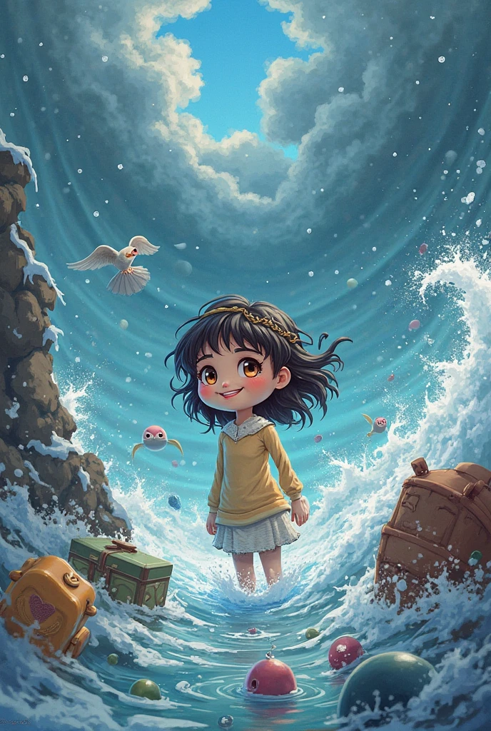 In the sea with big waves，Huge waves appear，There is a python inside，A child character at sea，hair-bun，Red ribbon in hand，Golden rings at your feet，There is a flame under the feet
