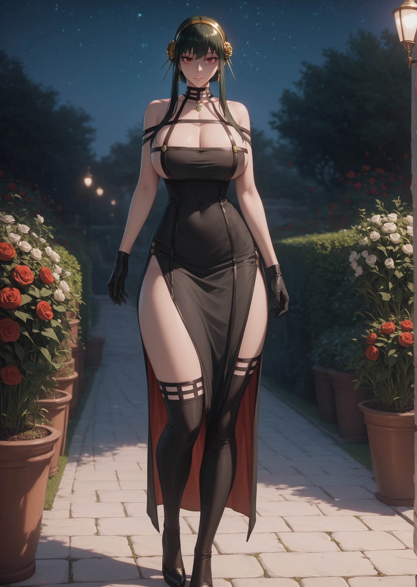 masterpiece, ultra high-quality, extremely detail 8k cg, high resolution, 1girl, yuugao, solo, purple hair, long hair, sidelocks, ponytail, brown eyes, perfect eyes, thin body, huge breasts, bursting breasts, evening gown, halterneck, criss-cross halter, high heels, choker, beautiful face, outdoors, garden, night time, full shot photo, full body