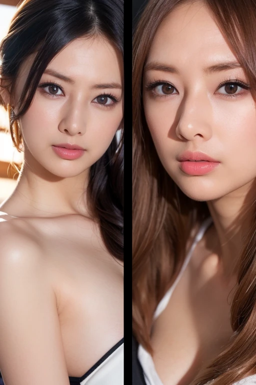 Two members of a sexy actress unit stand side by side on an outdoor stage。They have big round eyes,Bright iris,Thin eyebrows,Sharp eyeliner, They are like models,Beautiful breasts that are a little big, Short bob hair with loose curls and braids, Their hard and enlarged nipples, Beautiful genitalia in the crotch, She spreads the entrance of her vagina with her fingers and shows it all the way inside, Semen overflowing from the depths of the vagina, They show off their figure without hesitation., They're naked, Super detailed, uhd, High resolution, High resolutionのテクスチャ