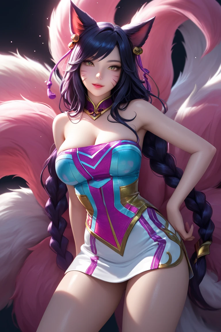 a woman with a purple ball in her hand in a dark forest, league of legends concept art, riot games concept art, seraphine ahri kda, league of legends character art, ahri, league of legends splash art, league of legends arcane, leblanc, portrait of ahri, splash art, from league of legends, league of legends character