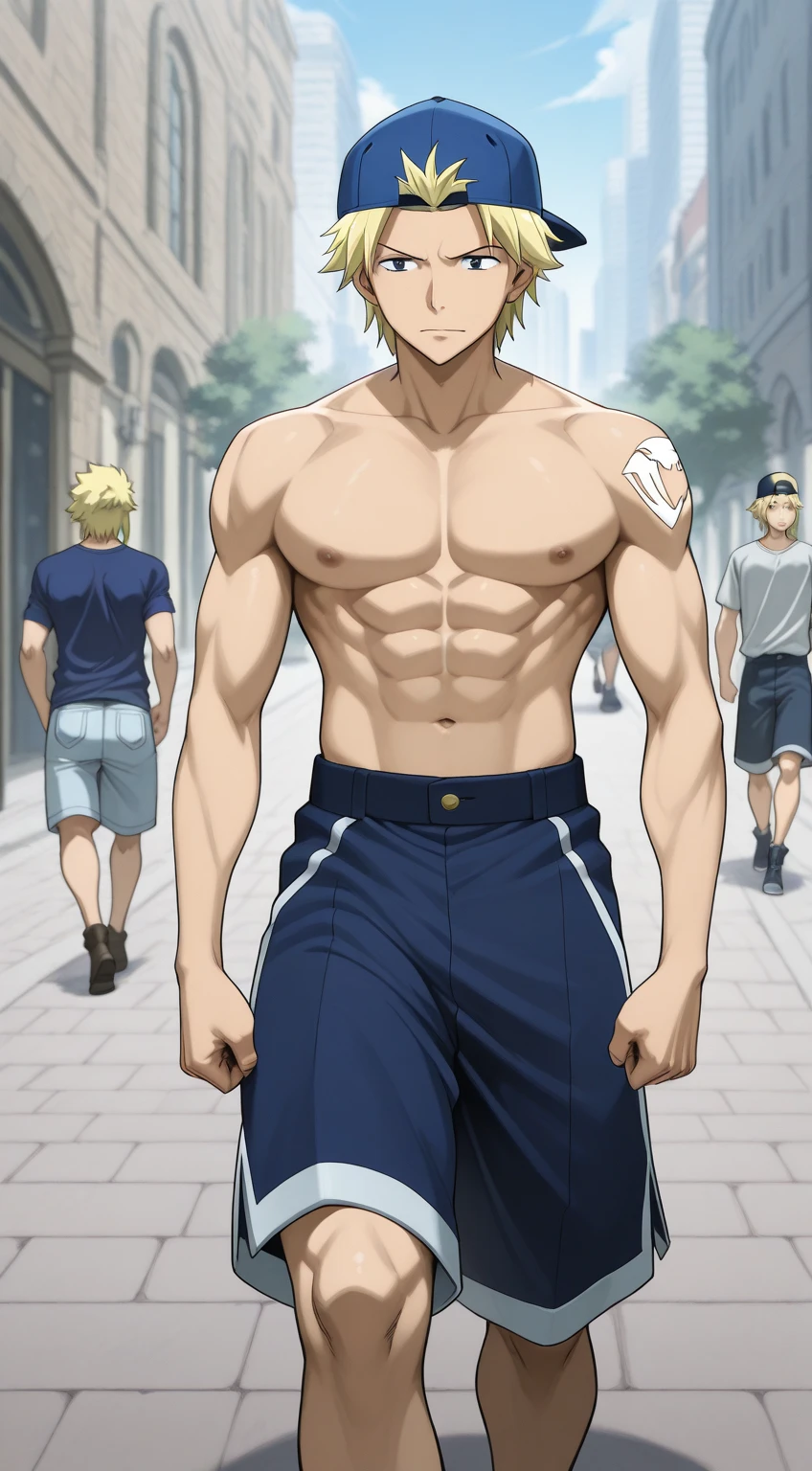 mirio, cabello corto, pelo rubio, pelo de punta, smile
ROMPER no shirt, muscular, shorts,
ROMPER looking at viewer, parte superior del cuerpo, closeup
ROMPER indoors, ula,
ROMPER (obra maestra:1.2), mejor calidad, high resolution, fondo de pantalla de unidad 8k, (ILLUSTRATION:0.8), cara extremadamente detallada, perfect lighting, CG extremadamente detallado, (manos perfectas, perfect anatomy),