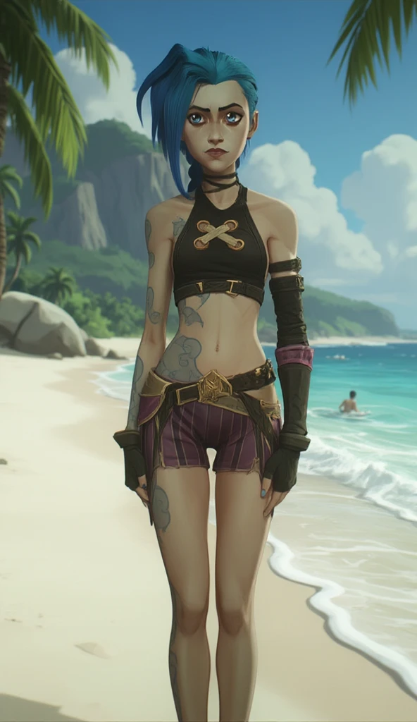 arcane style, 1girl, arm tattoo, asymmetrical bangs, bangs, blue hair, braid, silver metal top, cloud tattoo, looking at viewer, laughing, crazy, uncontrollable laugh, mad look, green hair, long hair, midriff, pink eyes, red lips, shirt, solo, tattoo, twin braids, upper body, arcane jinx, jinx \(league of legends\), using black minimalistic bikini, sitting over a rock on the beach, smiling