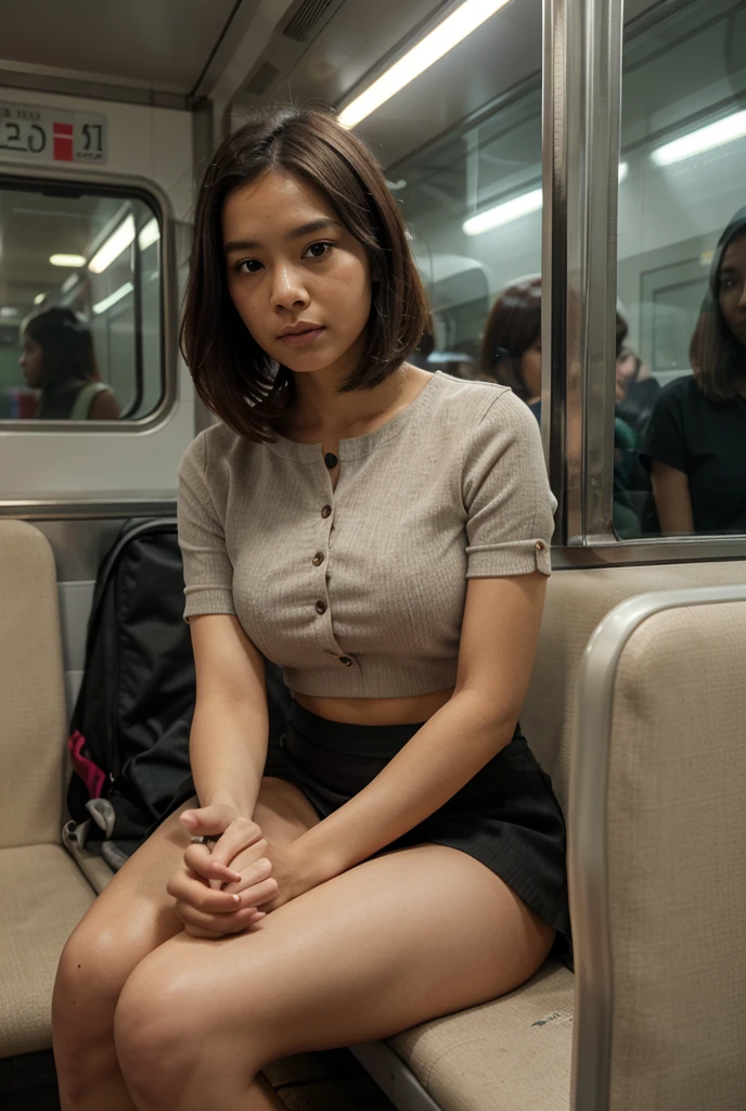 (8K, Raw photo:1.2)Detailed face and eyes,Best Quality, super high resolution, Highly detailed ,intricate detailes ,Thai Girl ,Cute Girl , Soft cinematic light, Hyper-detailing,Sharp Focus, High quality, Blonde hair, bob cuts, tits out,((accurate hands without incongruity)), large full breasts, Slim waist,,((Pink cardigan)),((White shirt)),(Black miniskirt)、sockes、(Black knee socks)、(Loafer shoes)、during night、On the train、Horizontal long seat with your back to the window