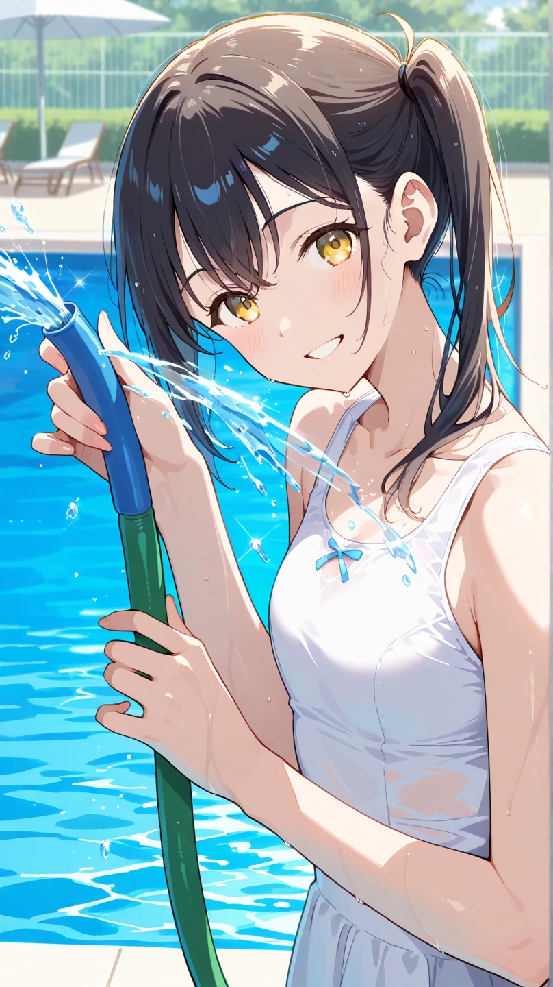 beautiful girl、16 years old、Off the shoulder、White T-shirt、Wet、See-through、slouch、Chest、Flat Chest、garden、smile、Spraying water with a hose