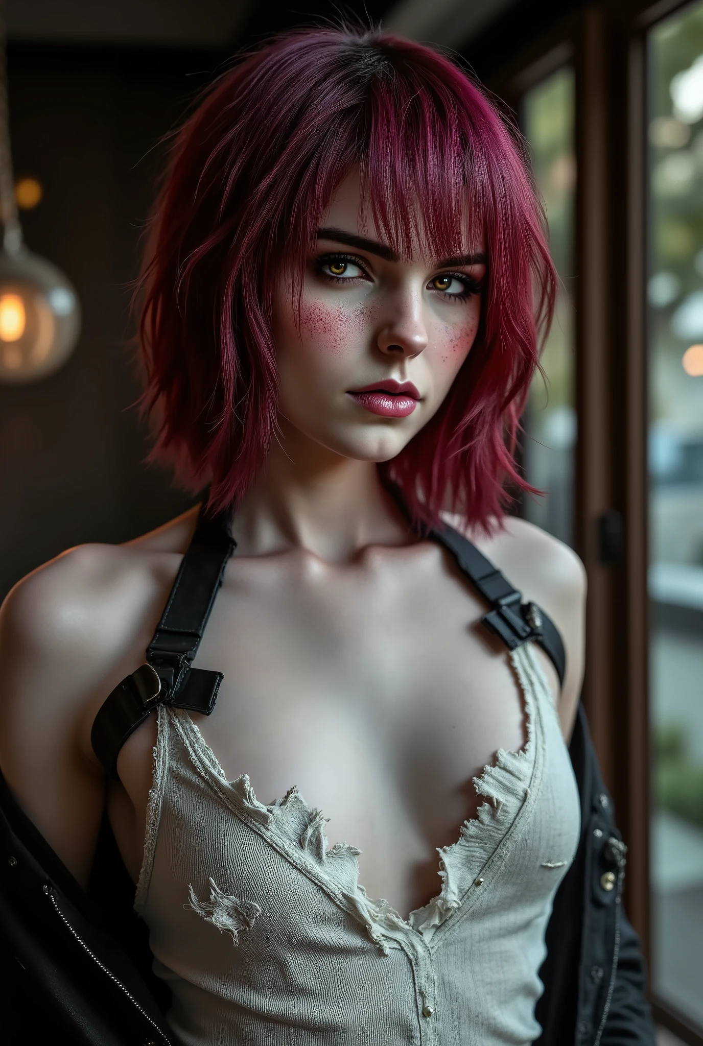Sexy girl, gangster girl, perfect body, medium breast, red short hair, unbuttoned blouse, metalhead, streetwear clothes, short white plaid skirt, grunge, crossing arms, fight pose, sexy hips, stockings, sitting on bench, spreading legs, lace panties, angry