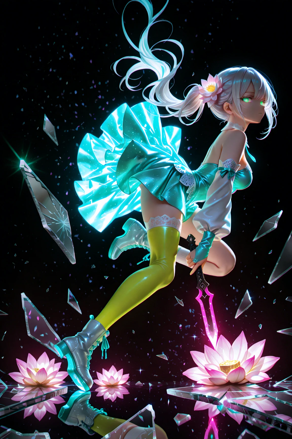 A geometric low poly, serene spacegirl with relaxed pose, adorned in retro-futuristic attire, including heels and an aviator helmet, surrounded by ethereal, glowing spider webs, amidst a vibrant biome landscape of turquoise, iridescent crystals, and luminescent green tentacles. Her outfit features a mix of 70s-inspired geometric patterns, blended with low-poly fractal elements, reminiscent of Hajime Sorayama's style. Soft, pastel hues with neon undertones evoke a nostalgic, hand-drawn feel, imbuing the artwork with a dreamy, otherworldly quality. Folds of delicate, origami-paper-inspired textures accentuate her robotic limbs, while holographic, pearlescent, and glitter accents dance across her suit. Her face, softened with a subtle glow, bears a gentle, anime-inspired expression. The atmosphere is bathed in divine, soft-focus light, with sunbeams and glowing bioluminescence permeating the space. The landscape itself is a blend of mystical, underwater caverns and celestial clouds, inviting the viewer to explore. The entire scene is depicted with vibrant clarity, as if created with stationery and crafted with intricate papercraft details, resplendent in a bright 8K resolution with megapixels.