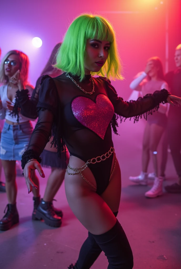 At a Rave party, beautiful people having fun in the background, neon lighting, beautiful young woman (24), with a perfect body, short brown hair and light eyes in evidence, making sensual poses for the photo, smiling and wearing sensual clothes, wearing ankle boots leather and a short, modern look, accessories and tattoos on the body, professional photography, high quality, realism.