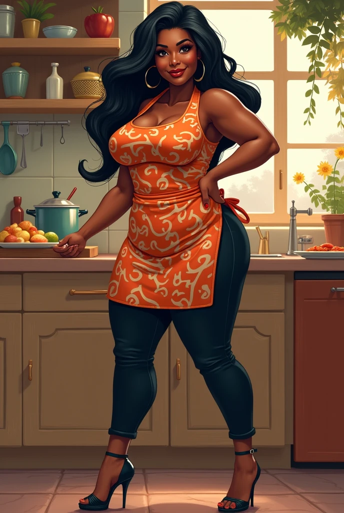 "(A masterpiece in the best quality) with a sexy twist: (a naked african goddess in a neon rainbow apron) bent over and cooking. This (NSFW) prompt provides a tempting (side view) for your art. really curly hair, dark skin, fat round belly voluptuous body