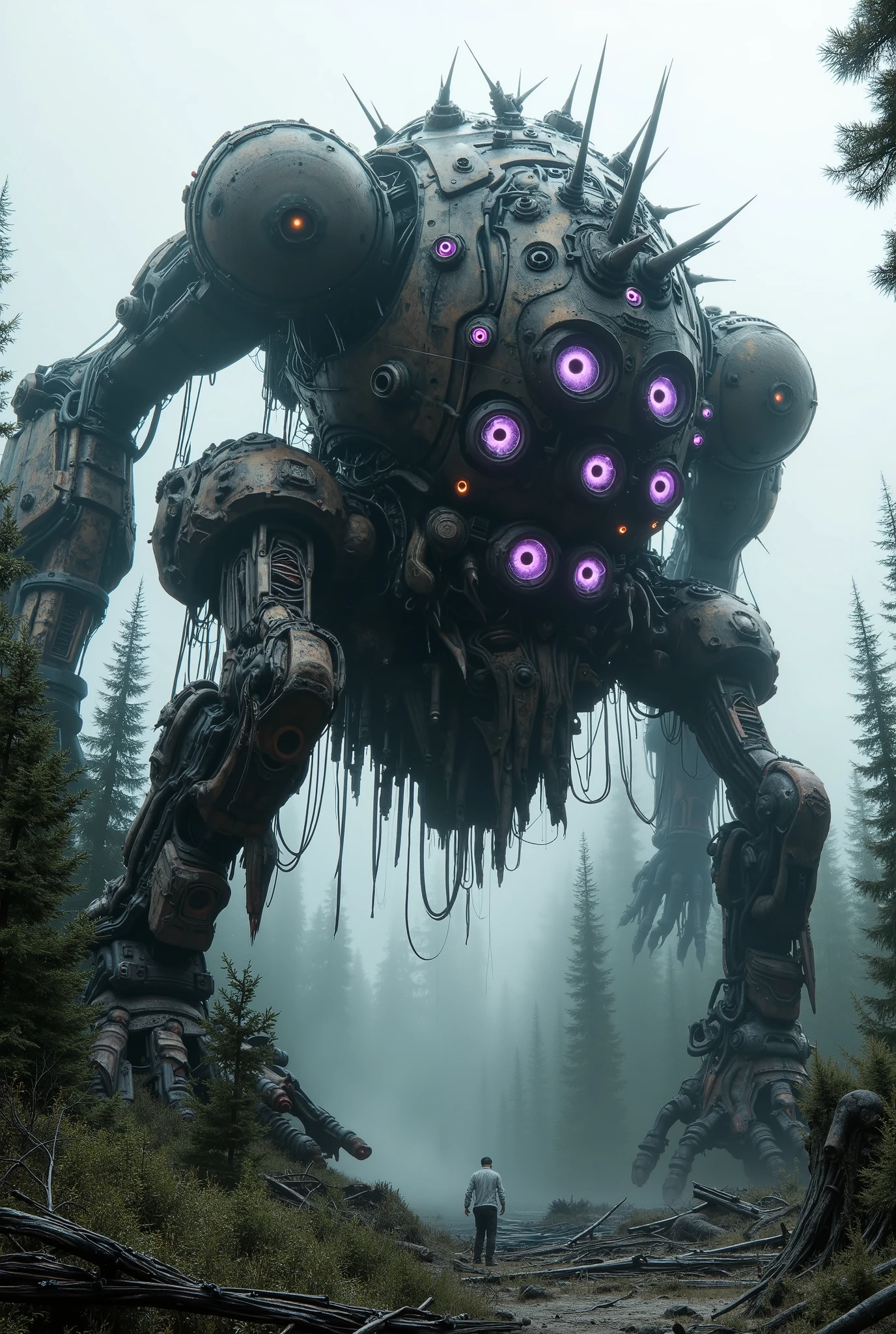 military robot like a tank、(1.5)、(An intimidating feeling like a chariot:1.5),(Unconventional, kinky , and a strange headless design:1.5),(The dark metal body is rusted:1.5)、(Total height 50mRobot 1 .standing in the fog of the forest、(A robot with a very creepy atmosphere:1.5),(The 12 large reactor cores that glow purple are concentrated in the center of the main body:2.0)、heavy and intimidating robot、(Unconventional, kinky , and a strange headless design:1.5)、Giant Robot、A looks up at the robot、(has very organic parts:1.5),