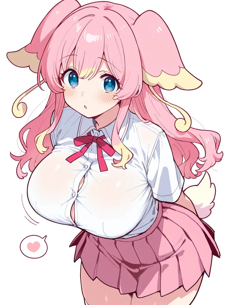 furry,a drawing of a cartoon character with hearts in her chest and butt, 1girl, breasts, one eye closed, long hair, animal ears, green eyes, thighhighs, blonde hair, solo, heart, navel, smile, open mouth, sweater, very long hair, pink hair, large breasts, underboob, white background, arm up