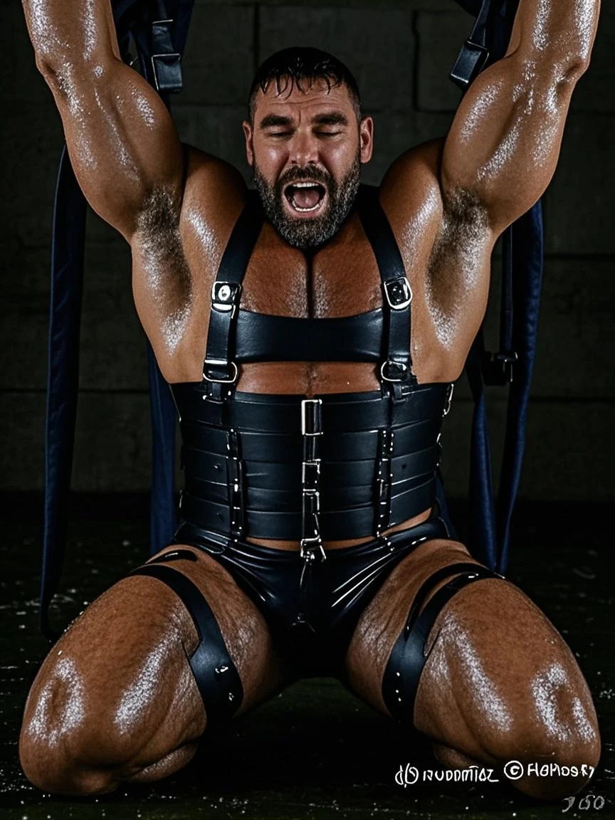 A middle age white skinny super hairy guy prisoner wearing full of body chain, super dirty, shaved head, very tired, sad, super torn and dirty clothes