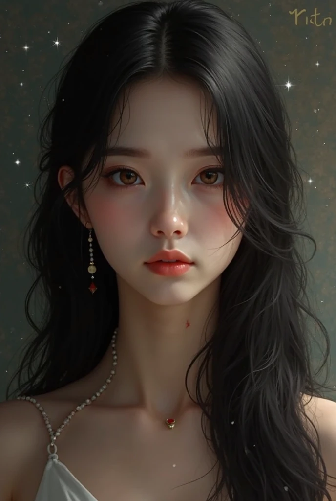 Long hair, blush, , black hair, hair ornament, Closed mouth, earrings, tender, big breasts, earrings de cristal, highly strung,