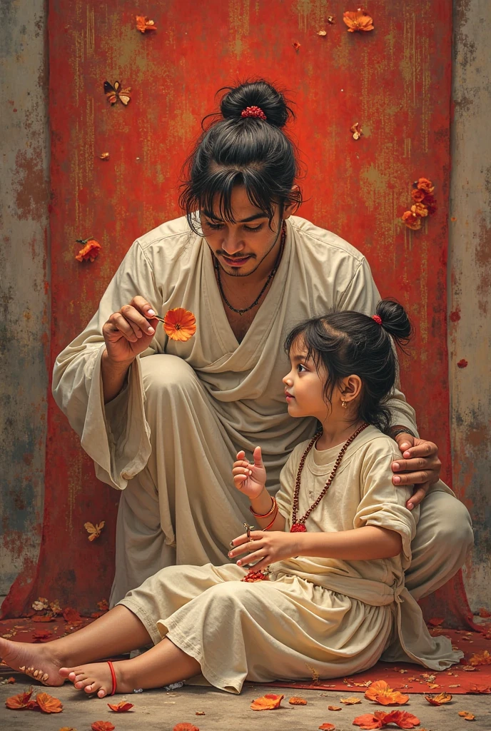 A young father wearing a sarong and sitting on a old sleeping chair with a boy in old room village 