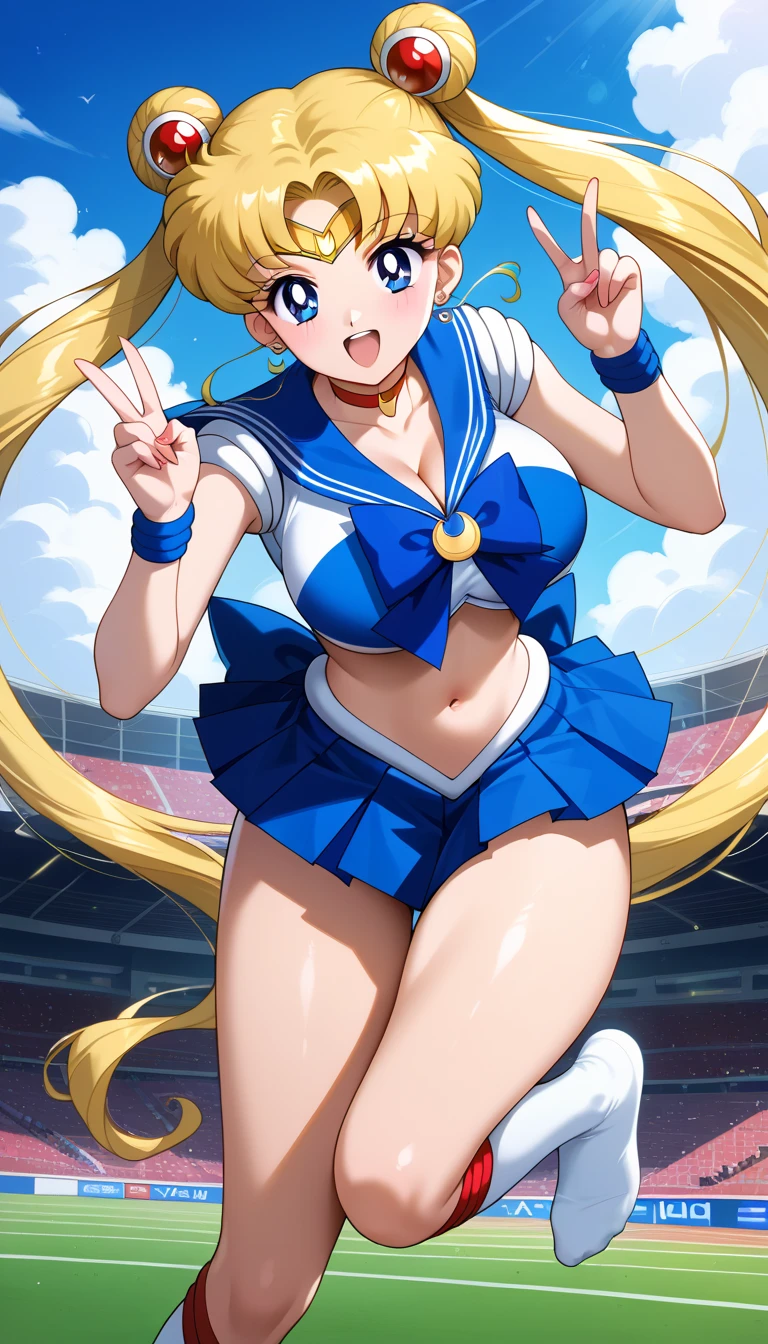 masterpiece, high definition, best quality, rendered art, well formed hands, fingers and body, 1 woman, solo, sailor moon , adult, grown up, twin tails, blonde, big breasted, cleavage, full body, , sexy sailor senshi uniform, short blue skirt, red boots, gorgeous hips, legs and thighs, blond, white elbow gloves, sailor collar, tiara, earrings, she is fighting in a combat match, showing her fighting skills, making her guard, about to hit the viewer, looking at the viewer, sweating, bouncing breasts, smiling joyfully and brightly, being confident and proud, action and fighting scene, martial arts arena with beach environment