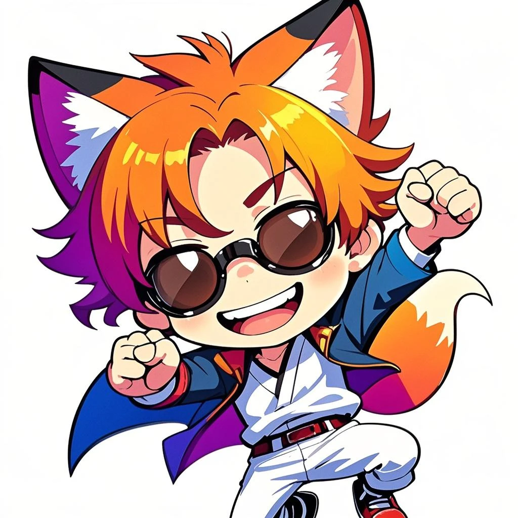 full body, 1boy, tabby catboy, tail, fang, happy, love, spoken heart, hearts, love you, v sign, chibi, fblectbyVT, skinny jeans open, crimson jacket, exposed chest, leash, collar, <lora:FableLora:1>