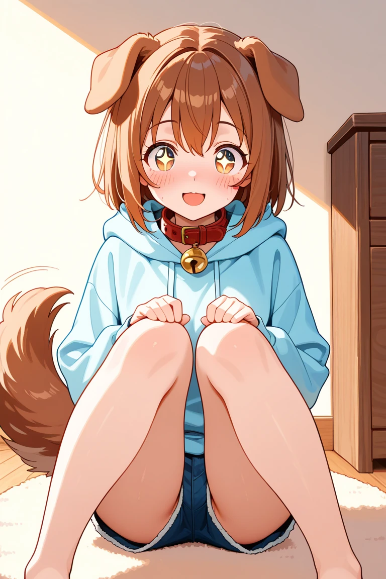 Anime girl with cat ears and pink skirt posing for a photo, she has dark hair with long braids, dwarf girl, grey eyes, bottom view, blushed, no panties, I see your pussy, lying on the wooden floor, spread and raised her legs, legs raised up, small pussy, close-up, spreads pussy with hand, She is satisfied, tight pussy, tight pussy