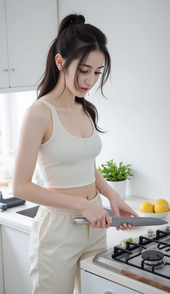 20-year-old woman, kawaii, Powder smeared cheeks., Wear round glasses., Good shape, mediuml breasts, Flour smeared the chest., no bra, Wearing a white tank top., white shorts, Kneading dough,In the kitchen , Flour spreader , Scattered dust, dust, diffuse,