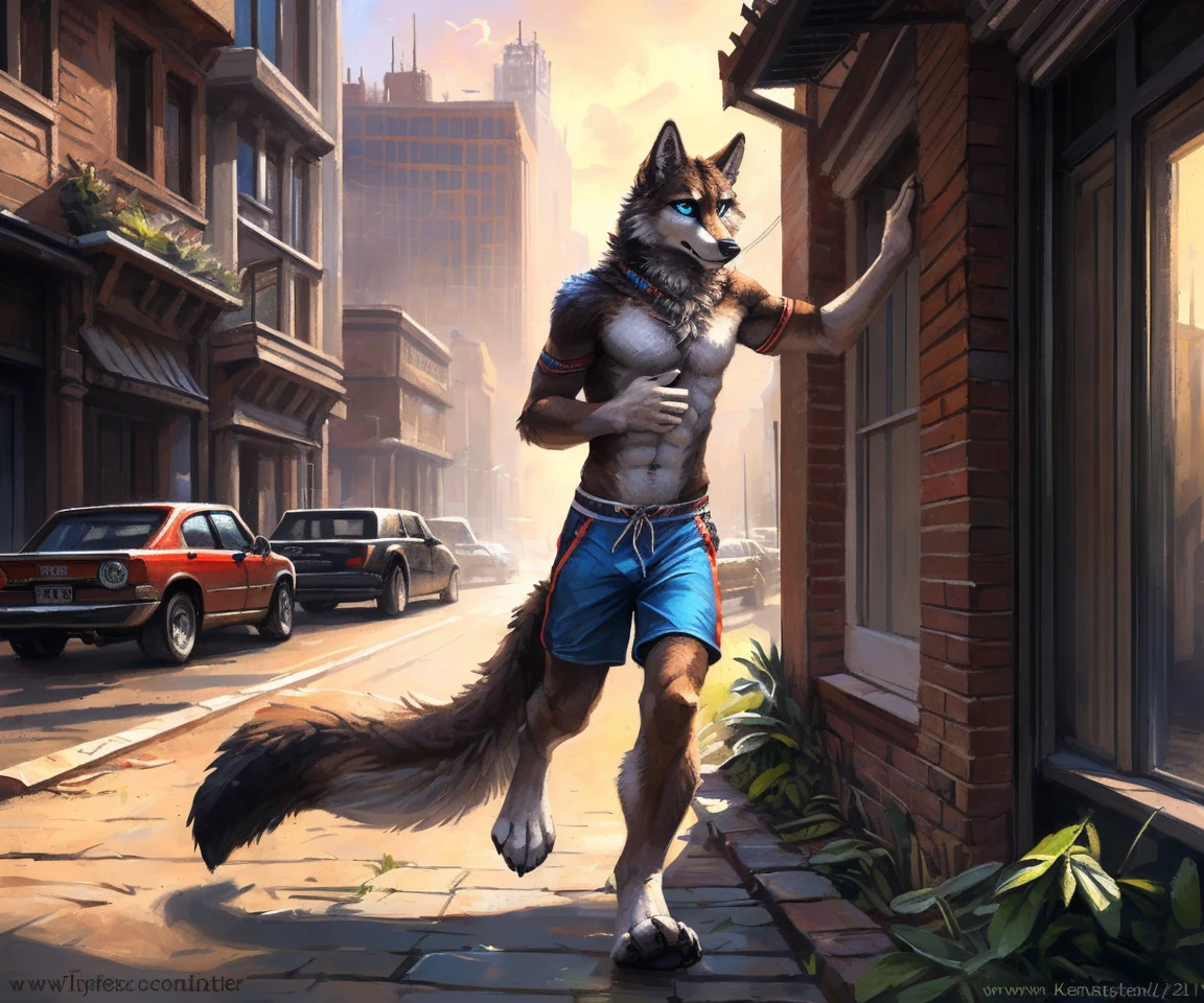 ((Solo)), male people, anthro wolf, (Multi-colored fur, White-brown:1.3,White tail pointed), (Height 2.1m,Tail length 1.2m), ((Wolf face, Big eyes, White eyelids, Blue pupil, Slim:1.2) (Tough, Calm expression:1.2)), Abs, Slim, pinging)), (Correct anatomy), (Work shorts:1.1), The upper body naked, (detailed outfits),A long big tail,Feet,(Realistic fur, Detailed fur texture, labeled:1.3)), (Natural lighting), Photorealistic, Hyperrealistic, ultradetailed, by Kenket,Modern city,erect through,Running on