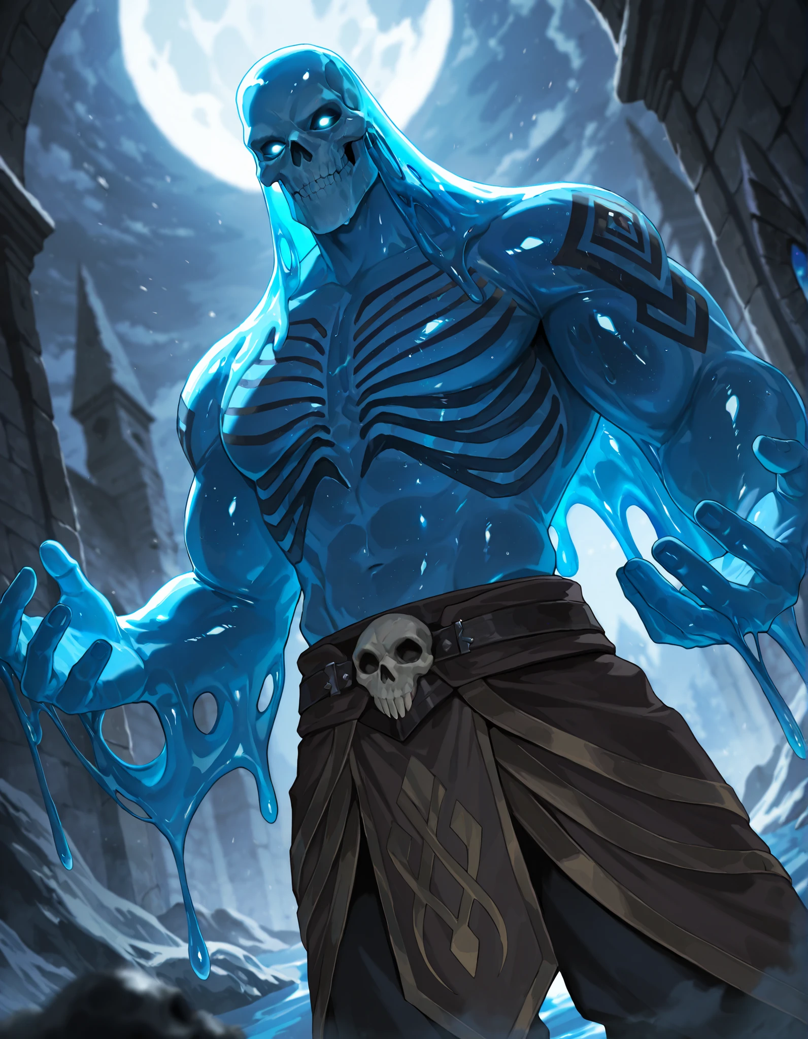 Expressiveh, cold stare, solo male, hungry, score_9, score_8_up, score_7_up, slime short hair, body made of slime, muscular, giant, goliath, slime of a brilliant turquoise blue tone, source_anime, haughty, slime in a form of a man, dark buggy pants, athletic, human like slime, goliath, stone skin, body tattoo, skeleton skull head, tentacles from the head, humanoid slime with a gelatinous shape, slime maintains a humanoid figure, athletic, powerfull, transparent body, capable of changing shape at will, glowing eyes, with a wise and calm look, reflects his maturity and experience, moves with a unique elegance, as if it were floating and gliding through the air, front view, calm expression, medieval fantasy, dungeon background, dramatic lighting, detailed background, depth of field, dynamic pose, detailed background, dynamic composition, dutch angle, detailed backgroud,