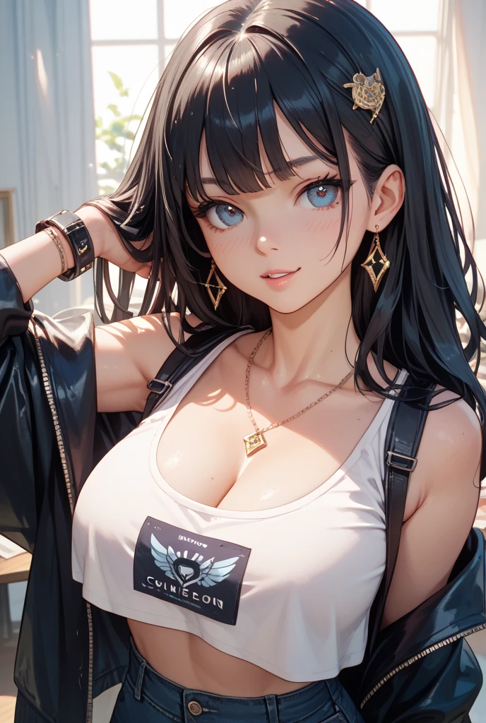 最high quality、best image quality、masterpiece、girl((20-year-old、 By becoming、vest bust、medium bust,wide open breast tea、shining eyes, silver hair、long hair、thin,highest valley、black sports bra、black sports pants、shoulder tattoo,diamond earrings、Wristband、black jacket、necklace、leaning forward、Guts pose)),high quality、beautiful art、background((white wall、cool doodles))、Flight、debris flies、Depth of written boundary、movie、visual art、perfect art、8K,genuine、Dynamic Performance