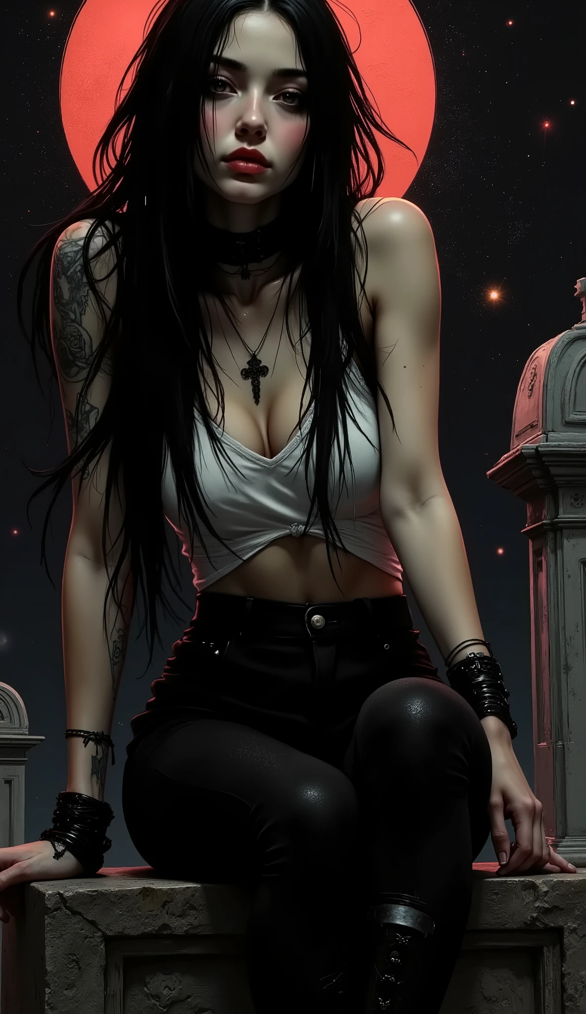 Whimsical goddess of death with infinite power and the compassion for all in the guise of a Young pretty goth girl with black pants, white tank top and ankh necklace, smiling impishly city, sitting on top of an old mausoleum at night with a full moon with leg dangling off top dynamic movement, bleaked red and black, a Vintage casual goddess inside of circle, looking curious, By Yoji Shinkawa,