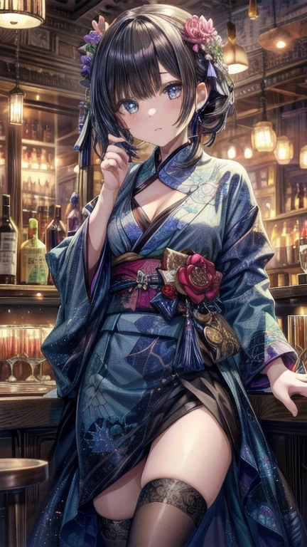 (((((roll up bandage sideways on a chest tightly to cover the chest without gaps))))), (((bandage samweways))),, ((Japanese Gangster BOSS)), adult woman with the dignified presence, Killing Qi, wear nothing around shoulder, wear nothing around neck, wear the kimono, wear it below the waist, (I wind it up to control it, and to attach it), ((kimono come off)) ,wear the kimono multiple times, Bare shoulders and the clavicle, black and gold kimono, put on over jacket of kimono, (holding a japanese sword which shine in purple, The handle of the sword is black, and the blade is gray, long sword), eye fire, low angle, whole body, anime character, Glaring, off sholder, nappropriate smile, Excellent, black blue hair, can see both shoulder, ((long kimono hem)), small face, ((some cherry blossam big tattoo on the arm)), ((background Japanese gate with circlr mark)),muscular,drink sake,fullmoon in the sky, The kimono is spreading,(((ultra-detailed))),super beautiful,Masterpiece,Killing Qi,Intimidation,zoom up, a person,Selfish person,in japanese veranda