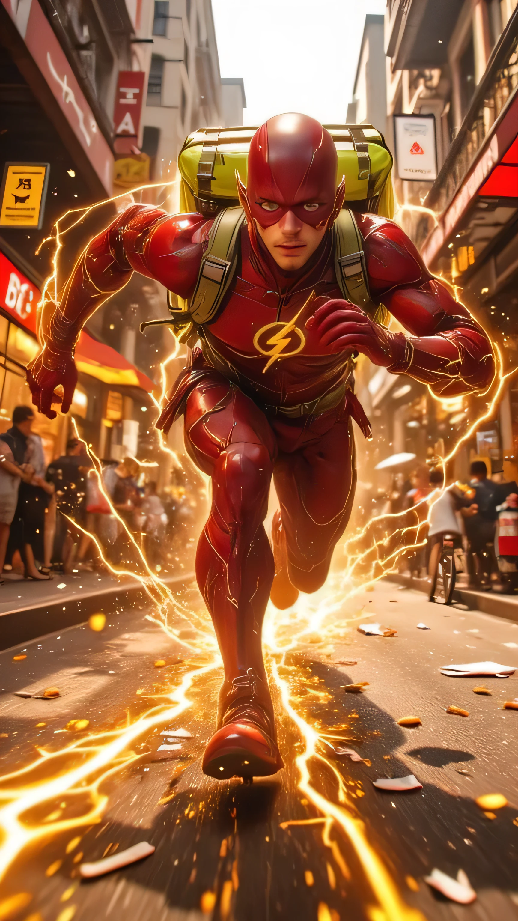 A hyper-realistic, ultra-detailed 8K cinematic wide shot of The Flash running at incredible speed through a bustling urban landscape. He wears his iconic red suit with glowing yellow lightning streaks, and a large, modern food delivery backpack is strapped tightly to his back — neon green or bright yellow, aerodynamic, with reflective panels.
The Flash is in full sprint, leaning forward with arms pumping, legs blurred with motion. Crackling arcs of yellow and white lightning swirl and trail behind him, forming dramatic energy ribbons in the air. Sparks flick off the pavement beneath him, and dust, leaves, and papers swirl violently in his wake.
His expression is focused and intense, eyes narrowed as he races forward through narrow streets lined with buildings, street vendors, and startled pedestrians. The background is heavily motion-blurred, with warm daylight casting cinematic shadows and reflections off the buildings.
The food delivery bag bounces slightly with movement but stays secure — marked with wear and speed lines, emphasizing he's been at this for a while. The image is full of energy, motion, and cinematic flair.
This is The Flash as the ultimate delivery hero — unstoppable speed, crackling lightning, and a hot meal arriving faster than light.