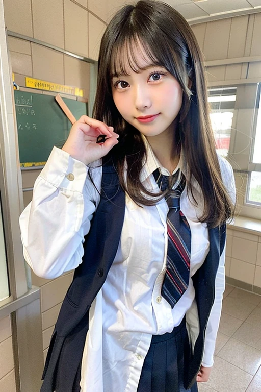 School girl in sailor uniform、cleveage、In the classroom、slime shapeshifter、Lift your skirt with both hands