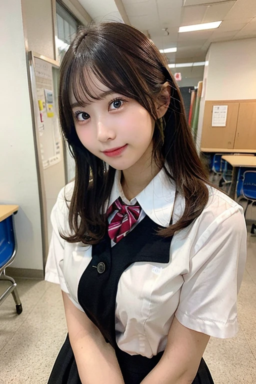 Highest quality, masterpiece,8k, Ultra-high resolution, (Realistic: 1.4), RAW Photos, Dynamic Pose,((uniform)),Young,1 girl, Black Hair, Glowing Skin, classroom, Dramatic lighting, whole body, high school girl,(underwear)