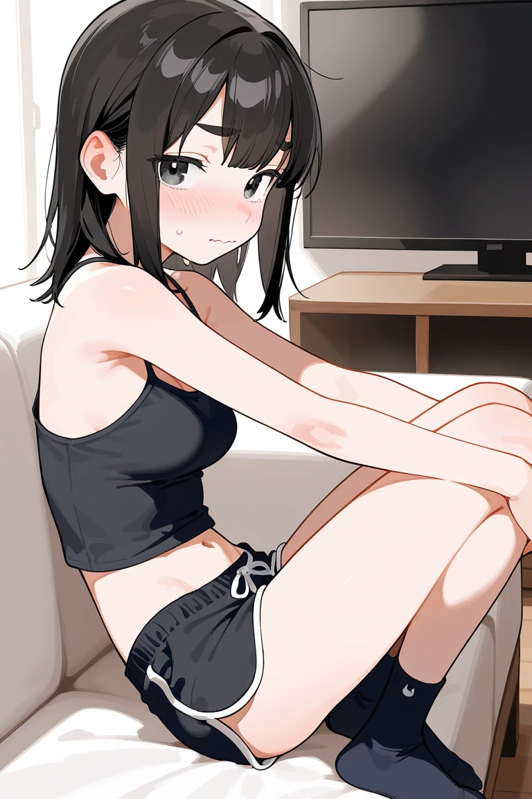 2D,highest quality,(masterpiece),(full body),brown hair,Semi-long hair that reaches to the shoulders,1 girl,,young,small ears,healthy dark skin,((黒のdenim hot pants)),red tank top,barefoot,Shiny bare legs,(plump thighs),attractive ass,(red ribbon on head ),share,Bedroom,Get drunk,Sweat all over,Steam comes out of the body,upper grade,cheeks are bright red,(kneeling pose), (wave hands),Cute with bruises,erotic,i feel it,denim hot pants,night,breathing heavily,female brat,An evil ??? like a little devil,背徳感を背負うようなfemale brat