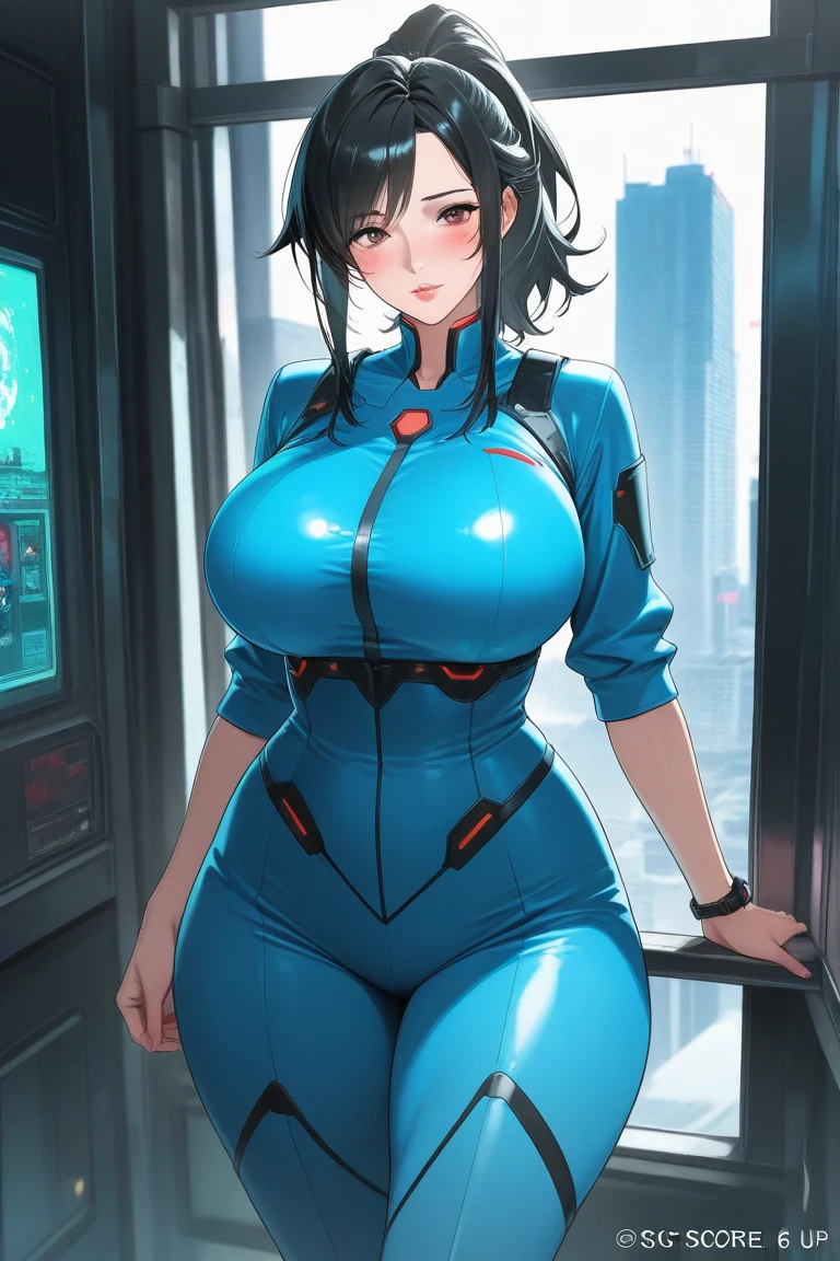 One-piece tights，blue jumpsuit，Standing on the ground，huge tit，Slim figure