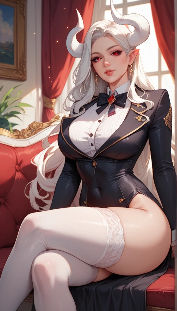 masterpiece, best quality, 1girl, ass, high heels, black footwear, belt, parted bangs, breasts, bare thighs, black thighhighs, cleavage, white hair, very long hair, single braid, grey eyes, feet, hat, collared dress, huge breasts, white labcoat, labcoat over dress, open clothes, huge breasts, legs, looking at viewer, multicolored clothes, two-tone dress, nurse cap, trigram, puffy sleeves, sitting, smile, solo, thighhighs, yagokoro_eirin, mature female, Touhou, good anatomy, <lora:yagokoro_eirin:1.0>