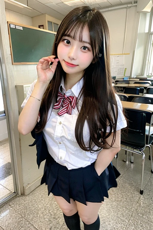 one person、one person、A 17-year-old high school girl poses for a photo in a short-sleeved white sailor uniform、Blonde、victory、Twin tails、Tsundere、masterpiece、High-level image quality、Sharp focus)、White shirt、Red tie、Navy and red checked mini skirt、cute、Japanese women、17 years old、sexy、Laughter、(Perfect Anatomy、Delicate and beautiful hands and feet)、Blue Wall,Small breasts、Nogizaka Idol、Slender figure、sexy、Sitting in a chair、I can see your thighs