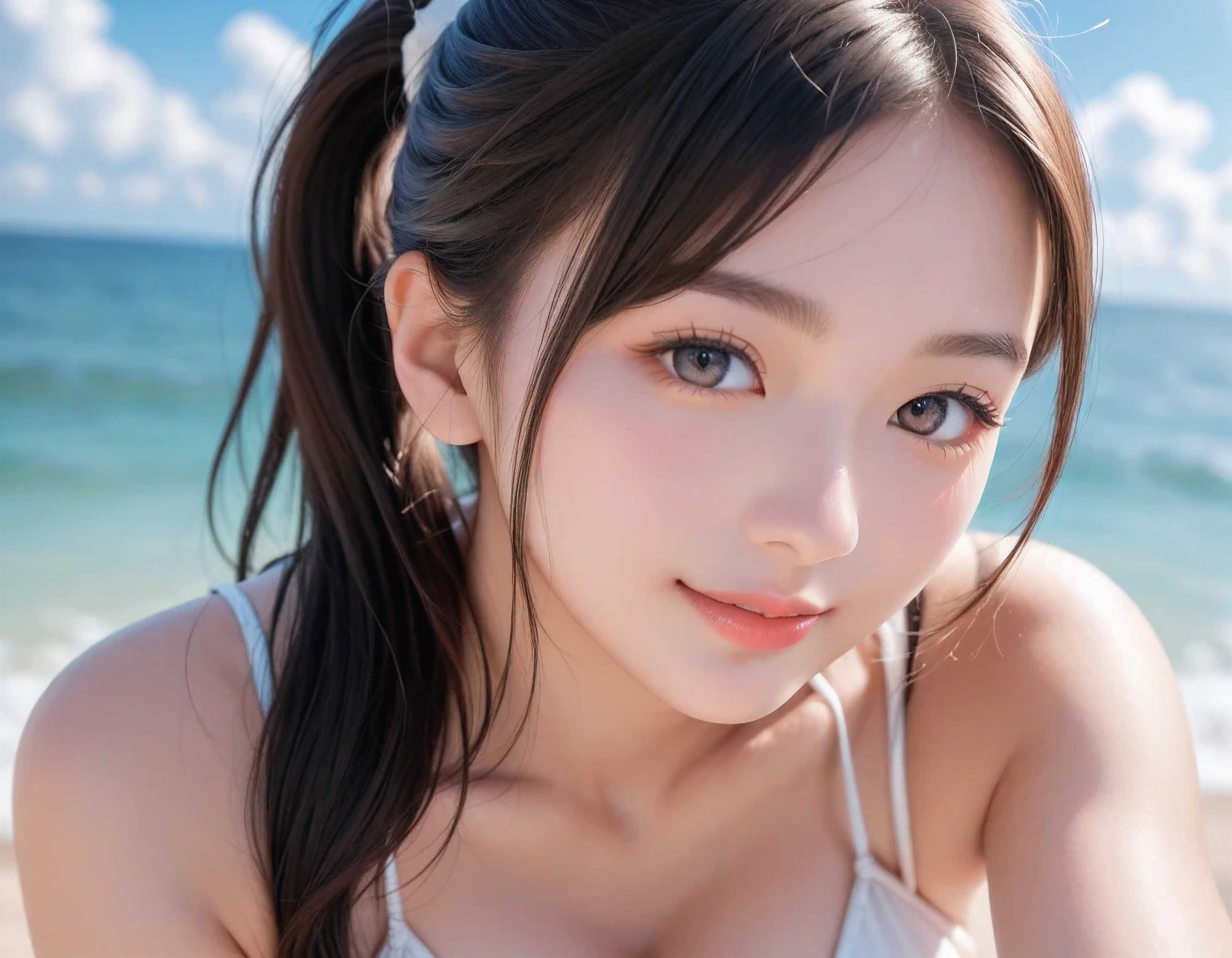 blush,21 years old,Small breasts,Climbing Wall,Long hair ponytail,Outdoor,Beach Volleyballウェア,Face close-up,((8k, RAW Photos, Highest quality, The pieces fly:1.2), (reality, Realistic:1.4), (非常に詳細な8k壁紙), Written boundary depth, Cinema Lighting, Soft Light, Detailed beauty eyes,Shiny and smooth light brown ponytail, Asymmetrical bangs, Glowing Skin, Highly detailed skin ,High resolution, Attention to detail, Detailed hairstyle, Detailed beauty face, Hyper Real, Perfect limbs, Perfect Anatomy ,1 Japanese girl,Famous Japanese Idols, Perfect female body,A shy smile,short eyelashes,double eyelid,Look straight here,Hairstyle: Ponytail、Beach Volleyball、Micro Bikini、Sunburned skin:1.2、Receive pose、Swimsuit tan lines:1.2