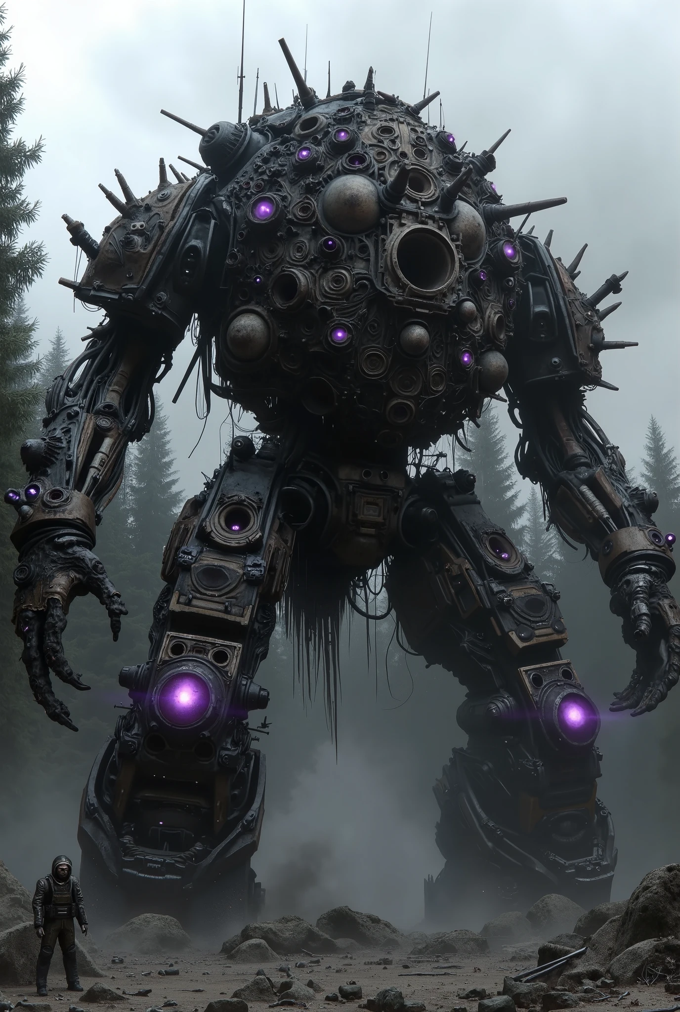 military robot like a tank、(1.5)、(An intimidating feeling like a chariot:1.5),(wacky, perverted, and bizarre design without a head:1.5),(the dark dark metallic body is rusted:1.5)、(Total height 50ｍRobot 1.tanding in the fog of the forest、(A robot with a very creepy atmosphere:1.5),(12 large reactors that glow purple are concentrated in the center of the main body:2.0)、heavy and intimidating robot、(wacky, perverted, and bizarre design without a head:1.5)、Extremely Huge Robot、A  is looking up at the robot、(There are extremely organic parts:1.5),(One huge plasma cannon that discharges sticks out in the center of the body:1.5),