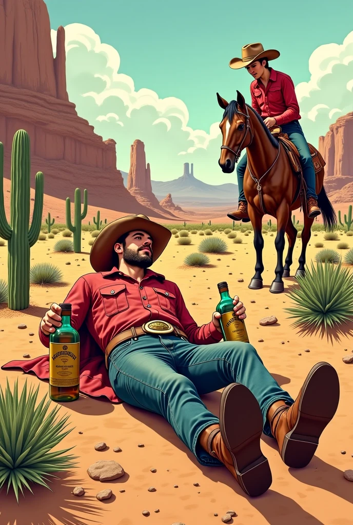 Hyperrealistic color comic with a 1950s look, a drunken cowboy with two large bottles of liquor in his hands lying on a cactus in the desert, next to him a horse, a dog, an armadillo and a cowgirl who helps him get up, in the background a canteen