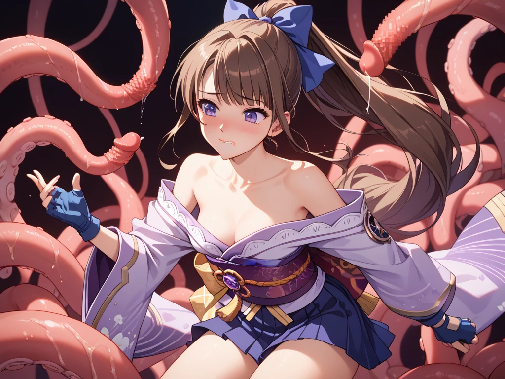 Cinematic quality,cinematic shadow,((woman wearing off-shoulder kimono)),Bigboobs,Perfect female body,extremely detailed brown hair,close eyes,((sit on a group of many very smooth white tentacles)),(upper body:1.15),Alone,Best quality,A high resolution,(Extremely detailed CG wallpaper:1.2)