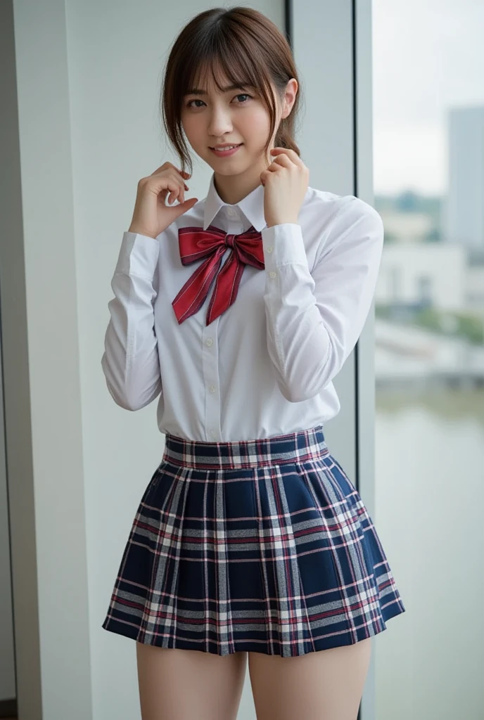 最high quality, 8K, Vibrant, Sharp focus, high quality, High resolution, (high school girl), (whole body), (Very slim and delicate body), Thin and beautiful legs, Thighs, Highly detailed eyes, Thick lips, Plump face, Collared shirt, Navy blue checkered long pleated skirt, Red bow tie, Braid, Glasses, A kind smile, Flat chest, Leaning forward, 